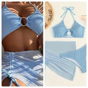 3pc Blue Halter High Cut Bottom Bikini Set with Cover Up